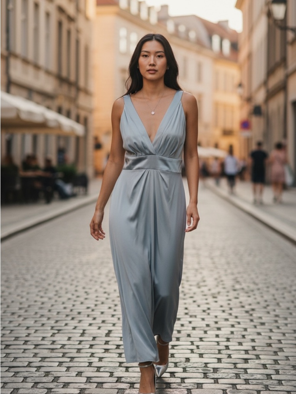 WHIT Silver-Gray Plunging Neck Maxi Dress